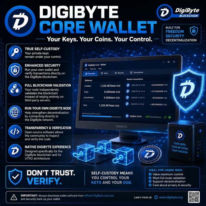 Promotional graphic for DigiByte Core Wallet featuring the tagline 'Your Keys. Your Coins. Your Control.' with features like true self-custody, enhanced security, and full blockchain validation, alongside a screenshot of the wallet interface showing a balance of 1,234.56780000 DGB.