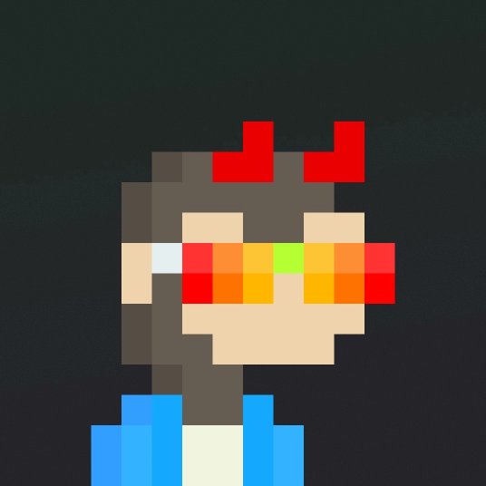 Pixel art character with brown hair, red horns, blue overalls, and orange/red pixelated sunglasses against a dark background.