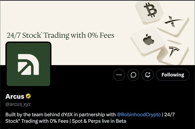 Arcus (@arcus.xyz) Twitter profile advertising "24/7 Stock Trading with 0% Fees," built by the dYdX team in partnership with RobinhoodCrypto, featuring logos for Bitcoin, Apple, Tesla, and Robinhood. The image relates to the post by promoting the Robinhood-related platform that the post references as seeing massive inflows and trending assets like $CASHCAT.
