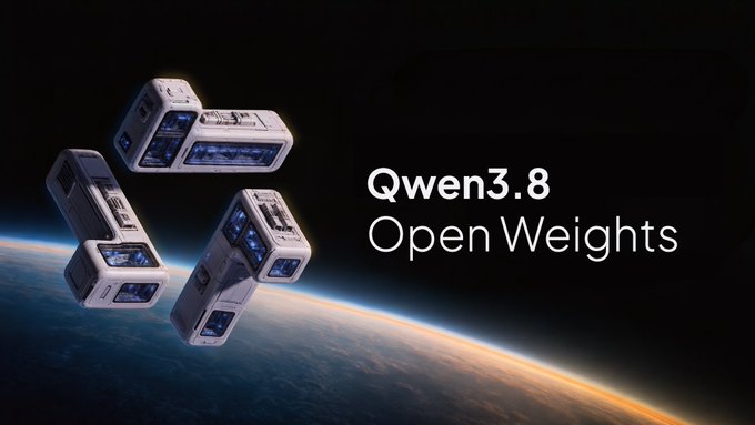 The image features futuristic modular satellite-like structures orbiting Earth against a dark space backdrop, with the text "Qwen3.8 Open Weights" displayed prominently, promoting an open-source AI model. This visually reinforces the post's message about local AI models being the future of user-controlled intelligence and digital sovereignty, paralleling the self-custody ethos of Bitcoin—both representing tools for individual autonomy over data and capital.