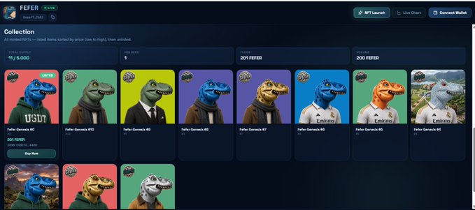 The image shows the FEFER Genesis NFT collection page on fefer.fun, displaying various dinosaur-themed avatars (labeled #0, #5, #6, #7, etc.) with collection stats showing 11/5,000 minted, 1 listed, and a mint price of 200 FEFER tokens, which corresponds to the post announcing the live mint of the FEFER Genesis NFT collection.