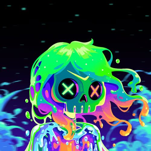 A digital illustration of a neon-colored skull with X-shaped eyes dripping in vibrant green, purple, pink, and orange paint against a dark space-themed background.