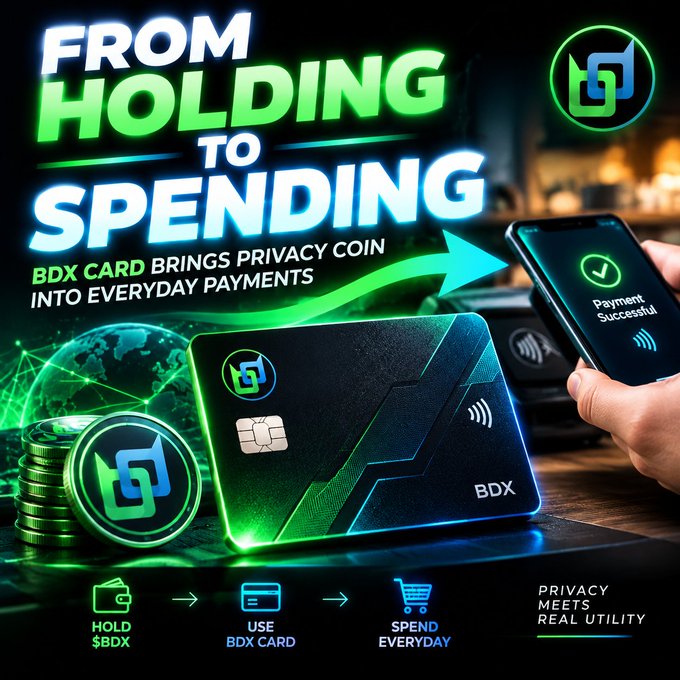 A promotional graphic for 'BDX Card,' promoting privacy coin payments with text reading 'From Holding to Spending' and 'Privacy Meets Real Utility.'