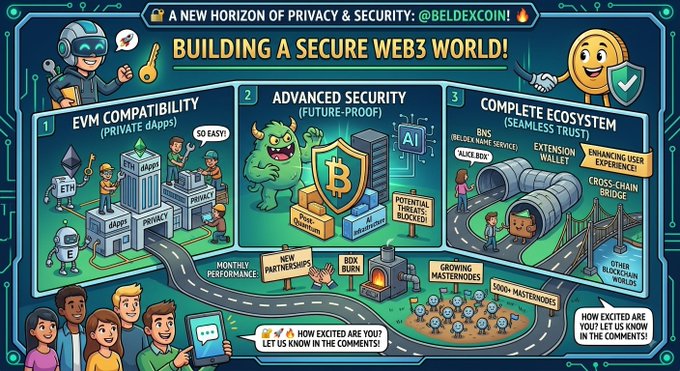 An infographic titled 'A NEW HORIZON OF PRIVACY & SECURITY: @BELDEXCOIN! BUILDING A SECURE WEB3 WORLD!' illustrating EVM compatibility, advanced security, and a complete ecosystem in a cartoon style.