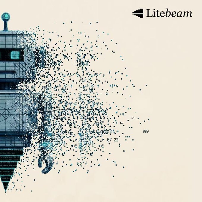 A stylized graphic featuring the "Litebeam" logo in the top right and fragmented numerical data (121, 003, 880, 07 22) dispersing from an abstract blue digital structure on the left, visually representing the post's highlight of the $LBM (Litebeam) ticker as a standout performer in the robotics/AI infrastructure category on Base.