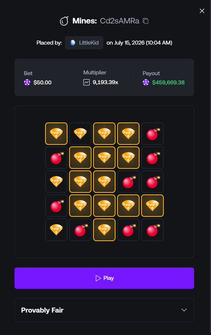 A screenshot of a Mines game on Shuffle.com by user LittleKid, showing a $50.00 bet that reached a 9,193.39x multiplier for a $459,669.38 payout, with diamond tiles revealed and bomb tiles remaining on the 5x5 grid.