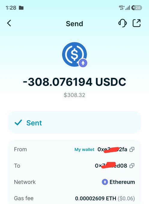 A screenshot of a successful crypto transaction showing **-308.076194 USDC ($308.32)** sent via the Ethereum network, with a gas fee of 0.00002609 ETH ($0.06). The image serves as proof of a winning payout, supporting the post's claim of being a September 1st winner who cashed out their prize from @akadotfun on @arc.