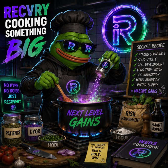 A Pepe-style chef cooking up the token 'RECVR' with the tagline 'RECVRY COOKING SOMETHING BIG' and a chalkboard 'Secret Recipe' listing items like 'Strong Community,' 'Solid Utility,' 'Real Development,' 'DeFi Innovation,' 'Web3 Adoption,' and 'Massive Gains,' alongside jars labeled 'Patience' and 'DYOR' and a 'HODL' bowl.