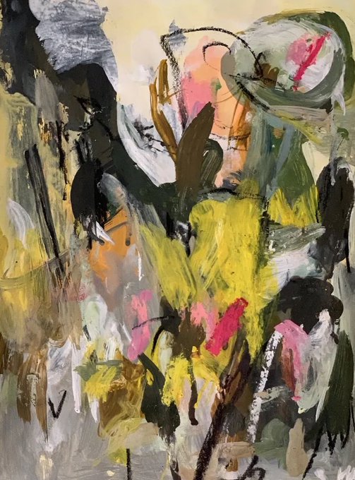 An abstract expressionist painting with heavy brushstrokes featuring a palette of yellow, green, black, white, and pink with dark drip lines running down the canvas.