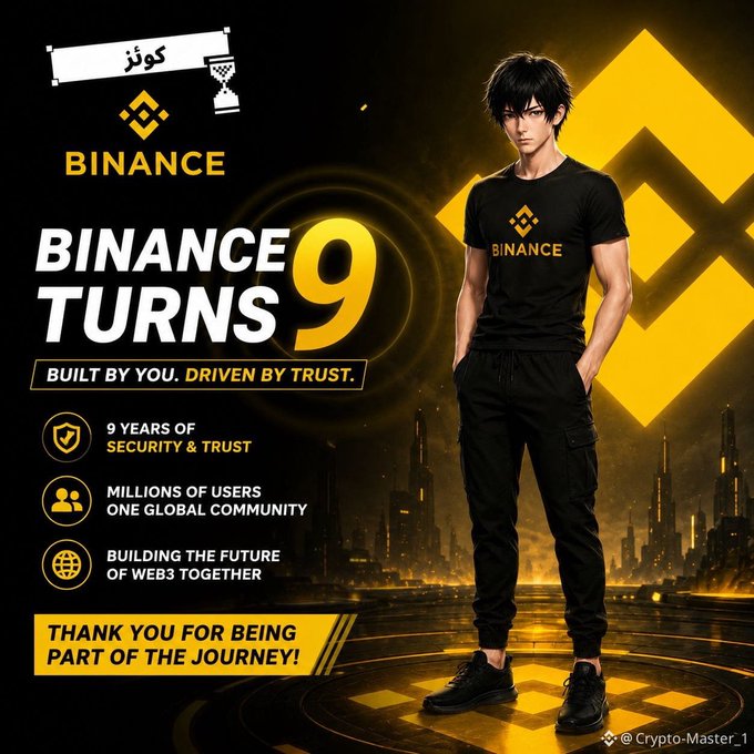 A Binance-branded anniversary graphic features a dark-haired anime-style character wearing a black Binance t-shirt standing against a futuristic city backdrop with the Binance logo. The text announces "Binance Turns 9" with the tagline "Built by You. Driven by Trust." and highlights "9 Years of Security & Trust," "Millions of Users, One Global Community," and "Building the Future of Web3 Together" — visually celebrating the company's 9th anniversary milestone.