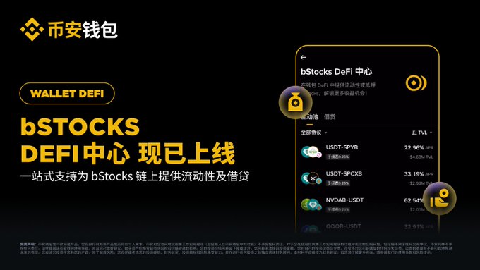 A promotional page for the Binance Wallet (币安钱包) introducing the 'bSTOCKS DEFI中心' (DeFi Center) feature, showing liquidity provision and borrowing options like USDT-SPVB and USDT-SPCXB.