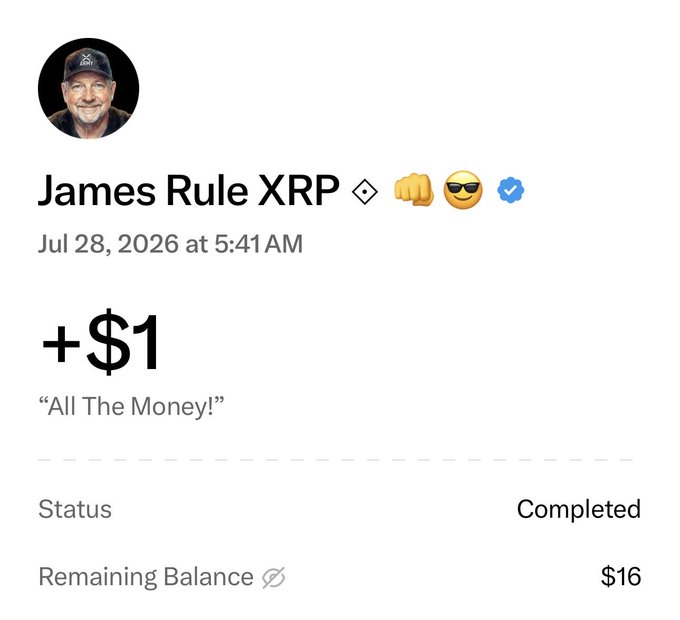 A payment screenshot shows "James Rule XRP" sending +$1 with the memo "All The Money!" as a completed transaction with a remaining balance of $16.