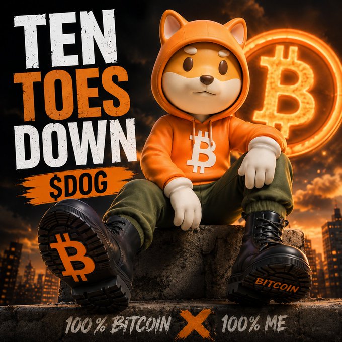 A stylized digital artwork of a Shiba Inu mascot character wearing an orange Bitcoin hoodie, sitting on a stone ledge with 'TEN TOES DOWN $DOG' text, Bitcoin symbols, and '100% BITCOIN X 100% ME' branding.