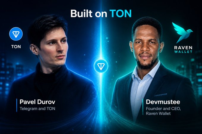 The image features two men wearing suits, one of whom has a name tag that reads "Pavel Durov". They are standing against a black background with blue and green elements. The text above them says "Built on TON", while below them there is another text that reads "June will be a very good month for TON Community."