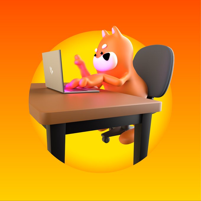 A 3D render of an orange Shiba Inu dog character sitting in an office chair, typing on a laptop with a glowing pink screen against an orange and yellow background.