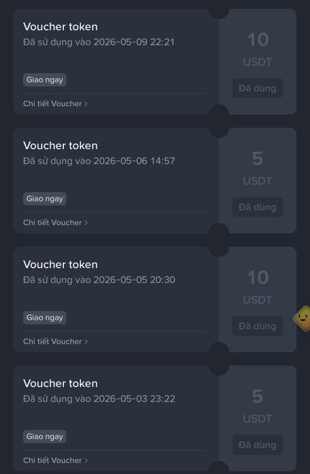 A mobile app screenshot showing a list of used token vouchers in Vietnamese, each displaying values of 5 or 10 USDT with timestamps indicating they have been redeemed.