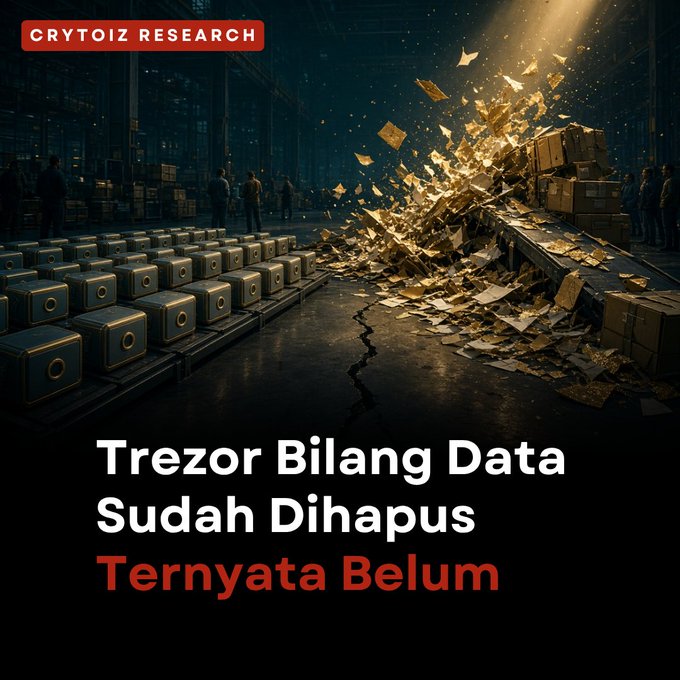 A graphic from "CRYTOIZ RESEARCH" with Indonesian text "Trezor Bilang Data Sudah Dihapus Ternyata Belum" overlaid on an image of a warehouse with safes and exploding boxes.