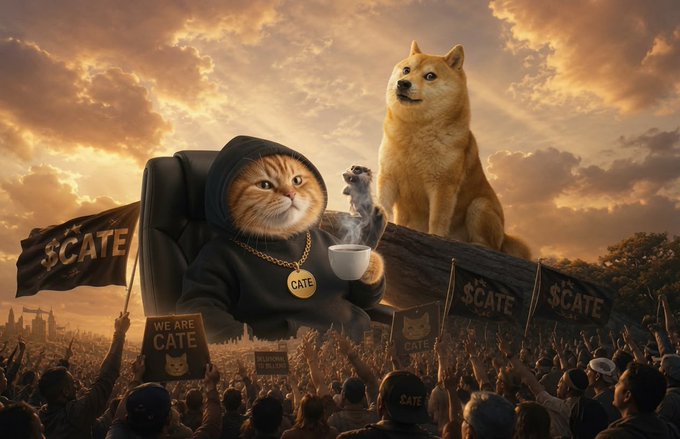 A surreal digital artwork depicting a cat in a hoodie labeled 'CATE' sitting on a throne with a steaming cup, a Doge-like dog beside it, and a cult-like crowd below waving '$CATE' flags.