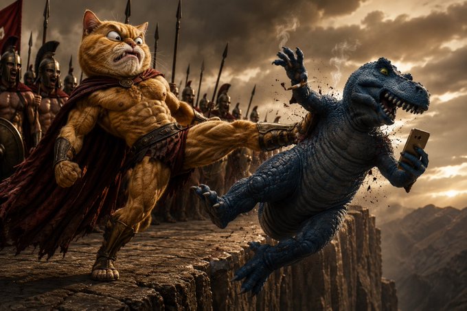 A muscular cat warrior in Spartan-like armor kicks a Tyrannosaurus Rex holding a smartphone off a cliff. This image visually represents the post's message of "$FEFER" (possibly the cat) taking down "$FINNY" (the dinosaur), signifying a victorious move.