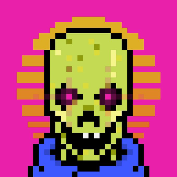 Pixel art of a green-skinned zombie-like character with pink eyes and orange hair against a bright pink background.