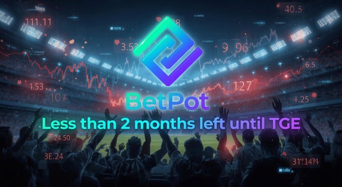 A promotional graphic for 'BetPot' displaying the logo and the text 'Less than 2 months left until TGE' over a stadium background with floating numbers.
