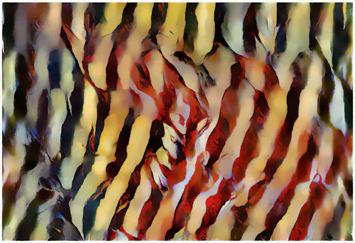 An abstract artistic image with swirling vertical patterns in red, orange, yellow, and dark blue tones.