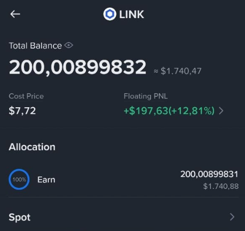 A mobile screenshot showing a crypto wallet's Chainlink (LINK) holdings, displaying a total balance of 200.00899832 LINK (≈$1,740.47) at a cost price of $7.72, with a floating profit of +$197.63 (+12.81%) entirely allocated to "Earn." The image visually confirms the poster's milestone of reaching 200 LINK tokens, showcasing both the quantity and the modest gains from their patient multi-year accumulation strategy.