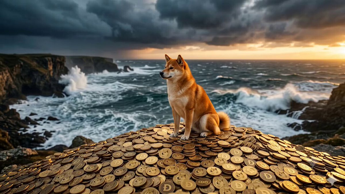 The image features a brown dog sitting on top of a pile of gold coins, with the ocean and sky behind them. The text "the end" can be seen in the image as well. This scene seems to be related to a social media post or advertisement featuring the Dogecoin cryptocurrency.