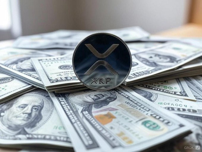A physical XRP cryptocurrency coin standing upright on a scattered pile of US $100 bills, with a 'GROK' watermark in the bottom right corner.
