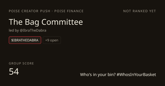 A webpage or app screen titled 'The Bag Committee' led by @IbraTheDabra, tagged as 'POISE CREATOR PUSH · POISE FINANCE', showing a group score of 54 and 'NOT RANKED YET' status, with the text 'Who's in your bin? #WhosInYourBasket'.