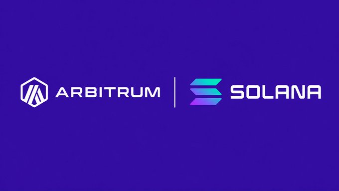 The image displays the Arbitrum and Solana logos side by side on a purple background, visually representing the integration mentioned in the post. It highlights that $ARB is now accessible on the Solana network via Sunrise, symbolizing cross-chain compatibility between the two blockchain ecosystems.