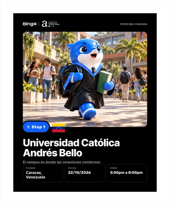 A promotional graphic for a Bingx and Blockchain For Youth event featuring a blue cartoon shark mascot in a graduation gown holding a book. The event is scheduled for 22/10/2026 at Universidad Católica Andrés Bello in Caracas, Venezuela, from 5:00pm to 8:00pm.