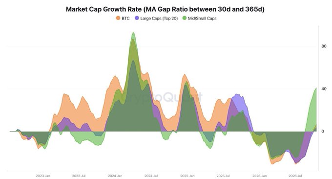 A chart titled "Market Cap Growth Rate (MA Gap Ratio between 30d and 365d)" tracking BTC, Large Caps (Top 20), and Mid/Small Caps from 2023 to 2026, with Mid/Small Caps (green) spiking sharply above 40% near the end while BTC (orange) lags at lower growth levels—visually supporting the claim that small and mid-cap altcoins are outperforming Bitcoin's 7% growth with a 41% surge.