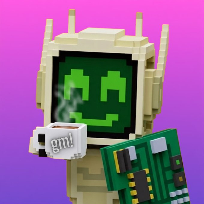 A pixelated blocky robot character with a green smiley face screen holds a steaming mug labeled "gm!" and a green circuit board, visually echoing the cheerful "gm survivors!" greeting with its morning coffee aesthetic.