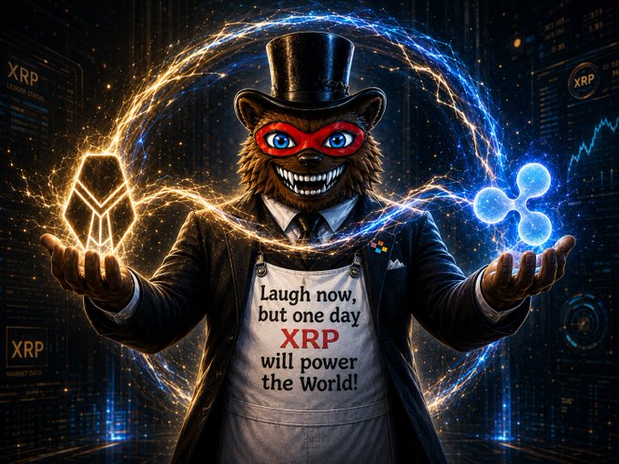 The post teases XRPL lending via Cicada Credit, the image shows a grinning bear in a top hat holding sparkling XRP and Ripple logos, with an apron reading "Laugh now, but one day XRP will power the World!" — foreshadowing the bullish institutional lending flywheel being built on XRPL.