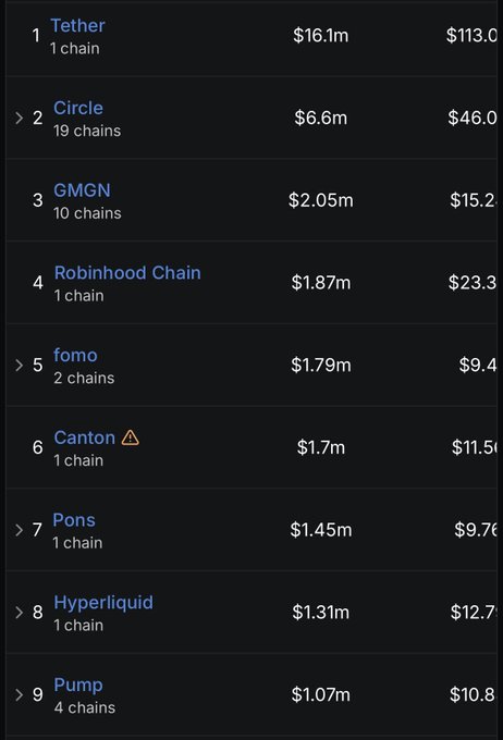 Ranking list of cryptocurrency/blockchain projects showing Tether ($16.1m, $113.0), Circle ($6.6m, $46.0), GMGN ($2.05m, $15.2), Robinhood Chain ($1.87m, $23.3), fomo ($1.79m, $9.4), Canton ($1.7m, $11.5), pons ($1.45m, $9.7), Hyperliquid ($1.31m, $12.7), and Pump ($1.07m, $10.8).