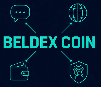 Logo for BELDEX COIN with chat, globe, wallet, and security icons.