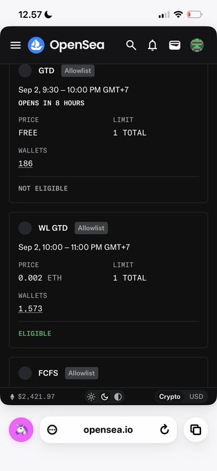 A mobile screenshot of the OpenSea NFT marketplace interface showing three 'Allowlist' drop listings labeled GTD, WL, and FCFS, with price, limit, and wallet eligibility details displayed against a dark theme.
