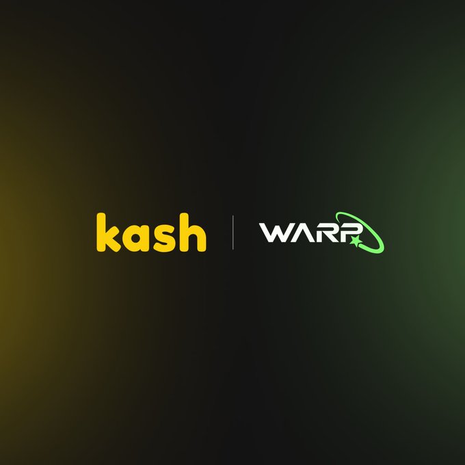 A dark background featuring a yellow "kash" logo alongside a green "WARP" logo, representing the partnership between Kash and WARP that the post highlights as part of Kash's expanding presence in new communities and use cases.