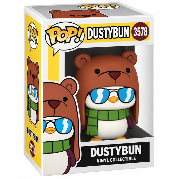 A Funko Pop! vinyl collectible figure in its packaging, numbered 3578, featuring a penguin wearing sunglasses, a green scarf, and a bear-shaped hood, labeled DUSTYBUN.