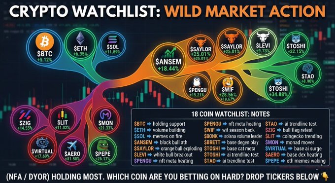 A colorful 'CRYPTO WATCHLIST: WILD MARKET ACTION' infographic featuring coins like $BTC, $ETH, $SOL, $SANSEM, $SAYLOR, $SPENGU, $STAO with percentage changes and notes.
