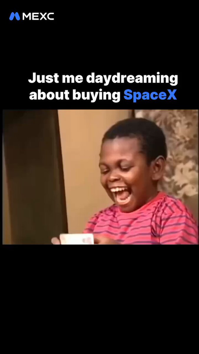 The image features a young boy with black hair wearing a red and white striped shirt, laughing while holding a cup of coffee or tea. The caption below the photo reads "POV: You're already imagining your first $SPCX position." This phrase is likely a reference to the popular meme about buying spacex that has been circulating on social media platforms.
