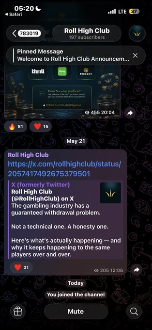 A Telegram screenshot of the 'Roll High Club' channel (197 subscribers) with a pinned welcome message and a shared tweet about gambling industry withdrawal problems.