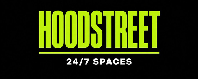 A black background with bright neon green text reading 'HOODSTREET' and white text below reading '24/7 SPACES'.