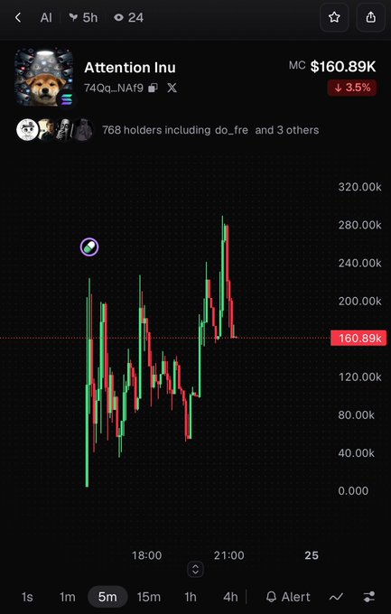 A cryptocurrency chart for 'Attention Inu' (contract 74Qq...NAf9) shows a market cap of $160.89K with a 3.5% decline on a 5-minute timeframe.