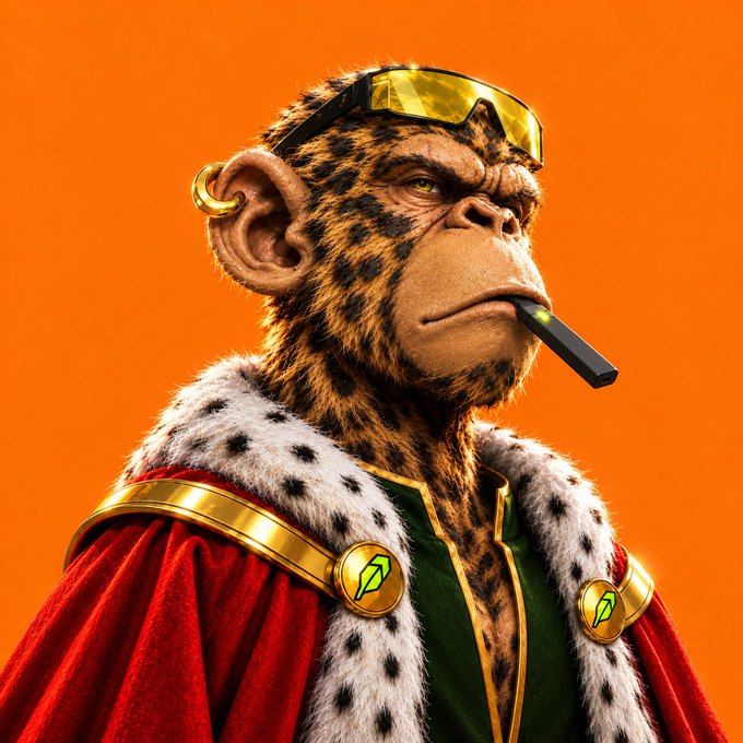 A 3D-rendered anthropomorphic leopard character wearing yellow sunglasses, a gold earring, a red cape with white spotted fur trim, and holding a black stick in its mouth against an orange background.