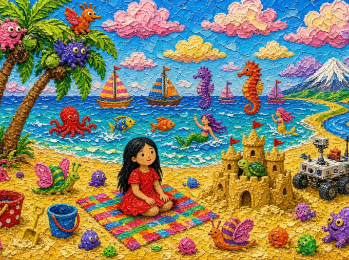 A vibrant, textured painting depicts a whimsical seaside scene where a young girl sits on a colorful blanket on the beach, surrounded by imaginative creatures including seahorses, octopi, butterflies, and a sandcastle with a turtle, fitting the surreal and dreamlike theme of "My Strange World."