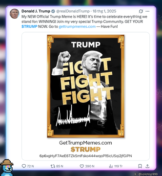 The image is a Truth Social post from Donald J. Trump (@realDonaldTrump) dated February 18, 2025, promoting his official "TRUMP" meme coin and inviting supporters to join his "very special Trump Community" at GetTrumpMemes.com, featuring a promotional graphic with Trump and the words "FIGHT FIGHT FIGHT." This promotion directly relates to the news story about U.S. Senators urging the SEC to investigate the $TRUMP memecoin over allegations that Trump executed a rug pull, causing the token to plummet 97% from its peak and resulting in massive losses for top holder Justin Sun.