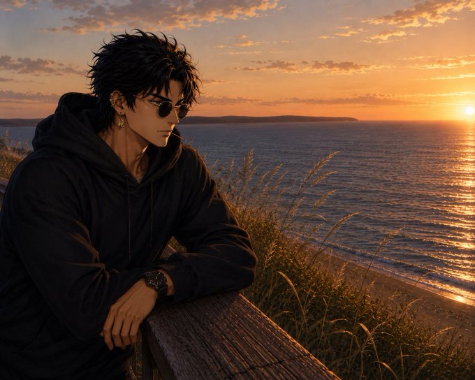 The image features a man wearing sunglasses, standing near a wooden railing overlooking the ocean at sunset. The man appears to be looking out over the water with a thoughtful expression. The caption of the image reads "Happy Weekend CT Markets never sleep but we should sometimes Take a break get some rest spend time with the family and come back next week with a clear mind @injective had another strong week First perpetual contract approved".