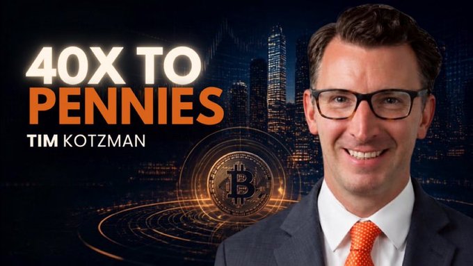 A promotional thumbnail features a smiling man in glasses and a suit on the right, with the large text "40X TO PENNIES" and "TIM KOTZMAN" on the left, set against a background showing a Bitcoin symbol, stock charts, and a city skyline.
